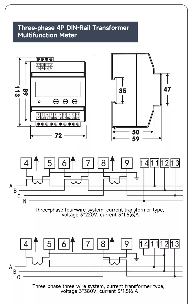 Three Phase 4p Din Rail Transformer Multifunction Meter