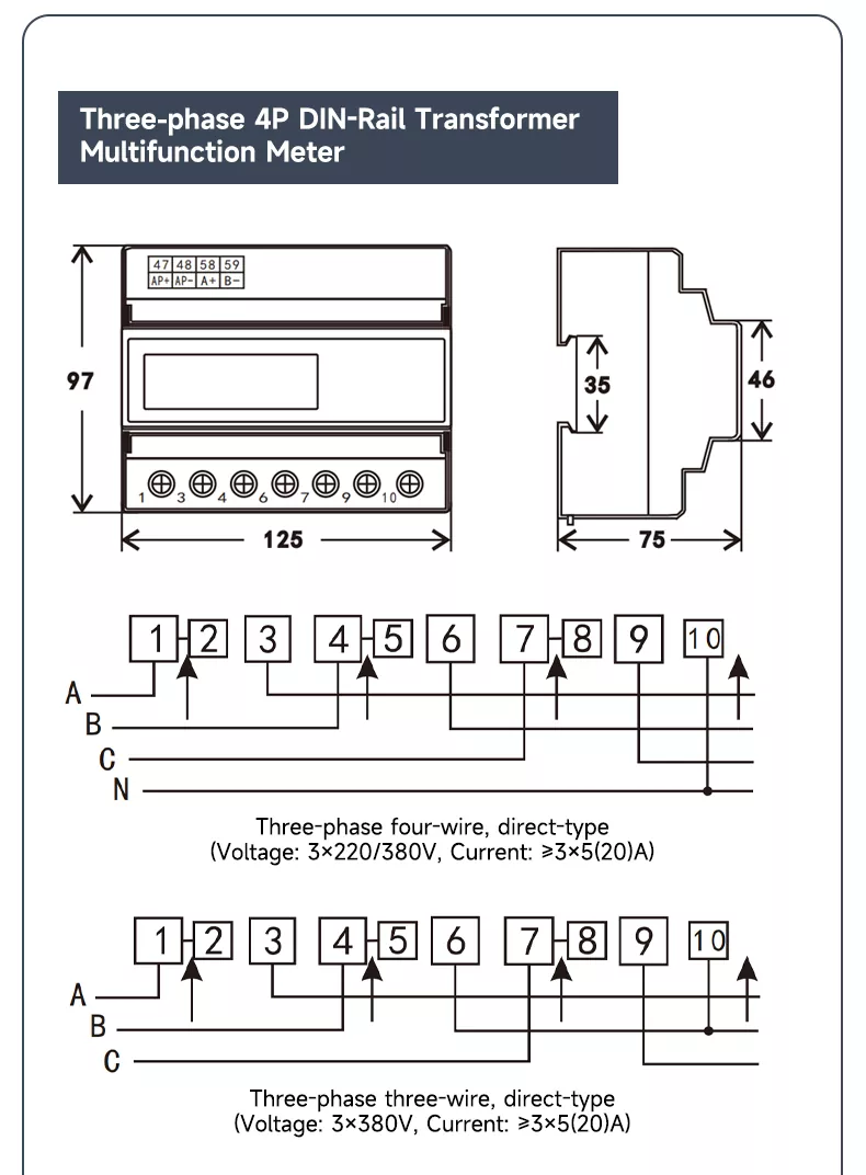 Three Phase 4p Din Rail Transformer Multifunction Meter
