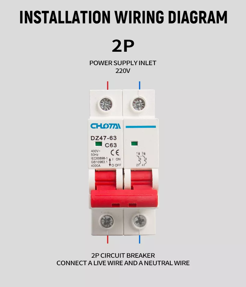 2P 63A DZ47 Miniature Circuit Breaker